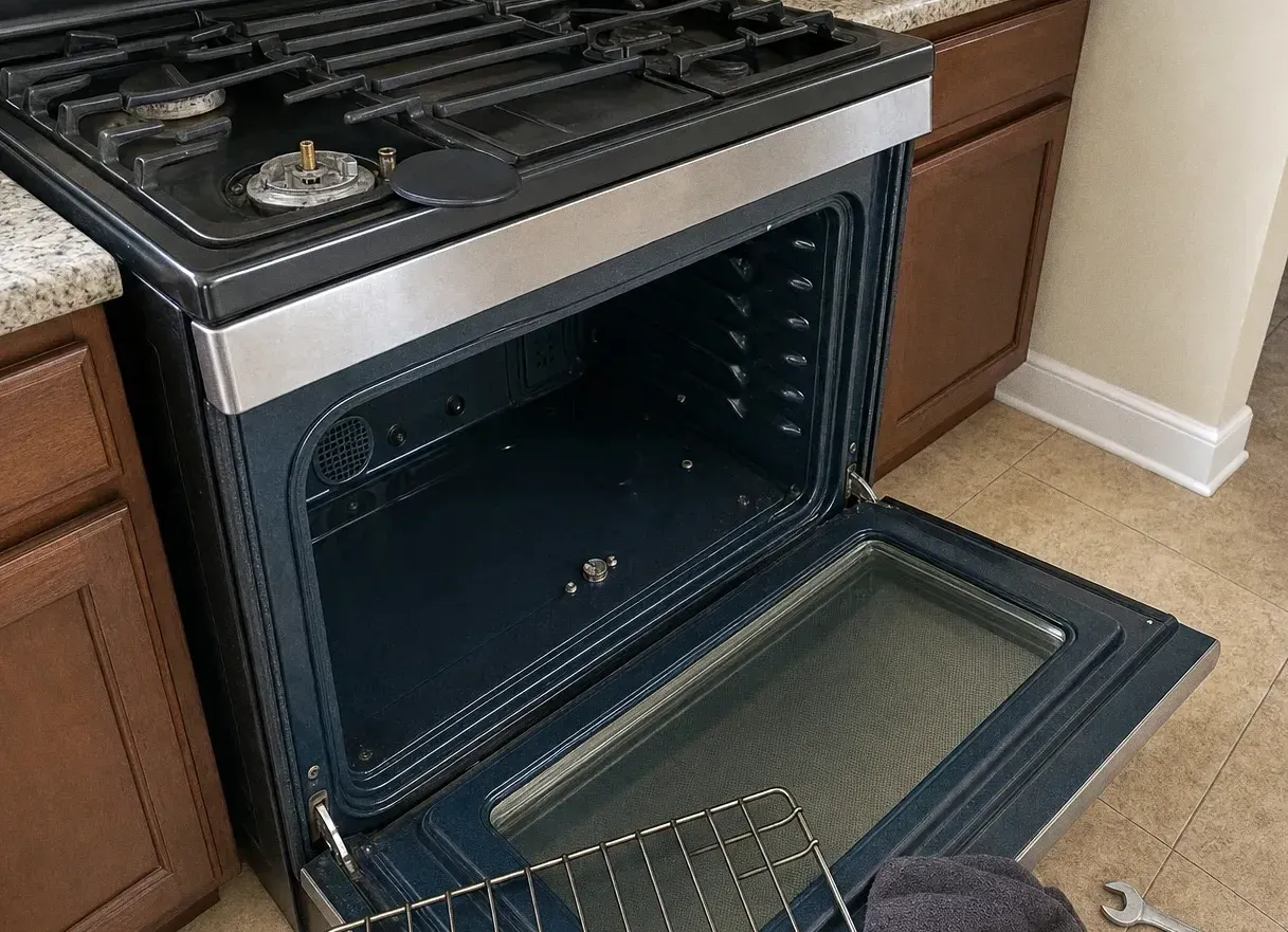 Stainless and black gas range in mid-brown cabinets with the oven door lowered flat and a rack on the tiled floor