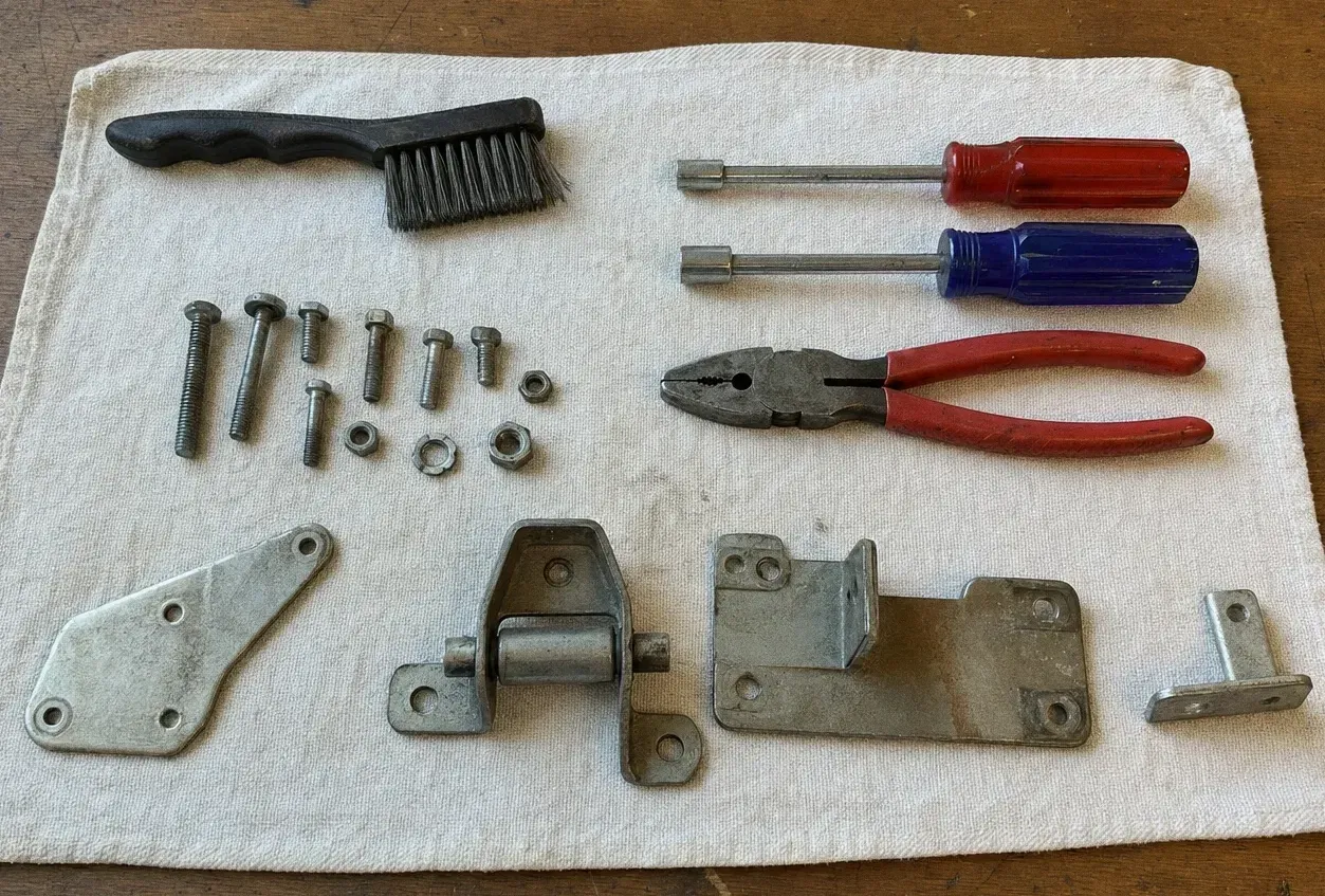 Three cast hinge plates and a bracket on a towel beside a wire brush, screwdrivers, red-handled pliers, bolts and washers