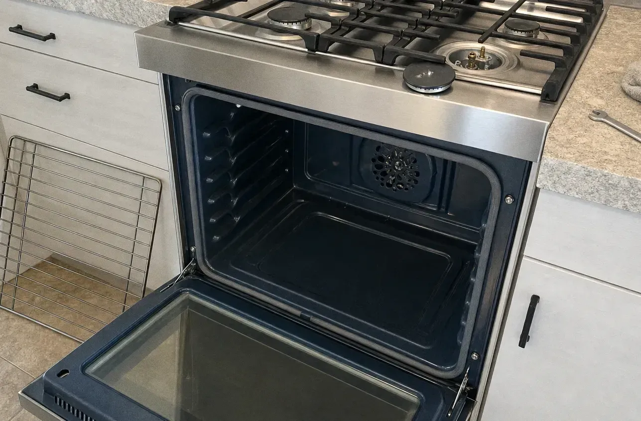 Slide-in stainless gas range in white cabinetry with the oven door lowered on an empty cavity and a rack out on the floor