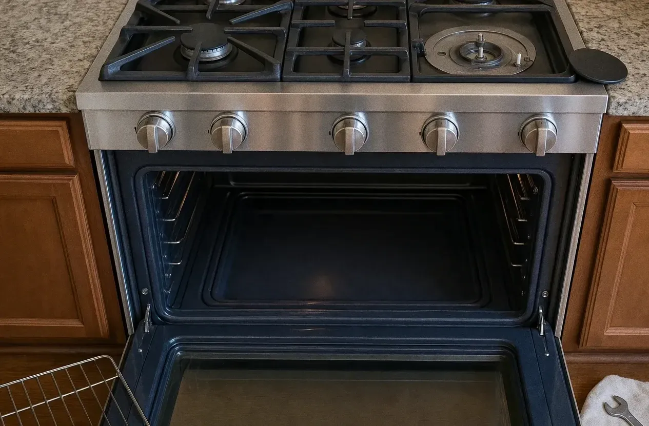Five-burner stainless gas range with knobs across the fascia, oven door open and a wrench on the floor beside it