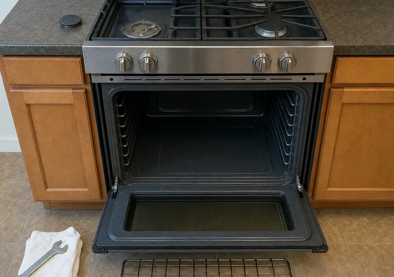 Gas range set into honey-oak cabinets under a dark stone worktop, oven door lowered on an empty cavity with rack guides showing