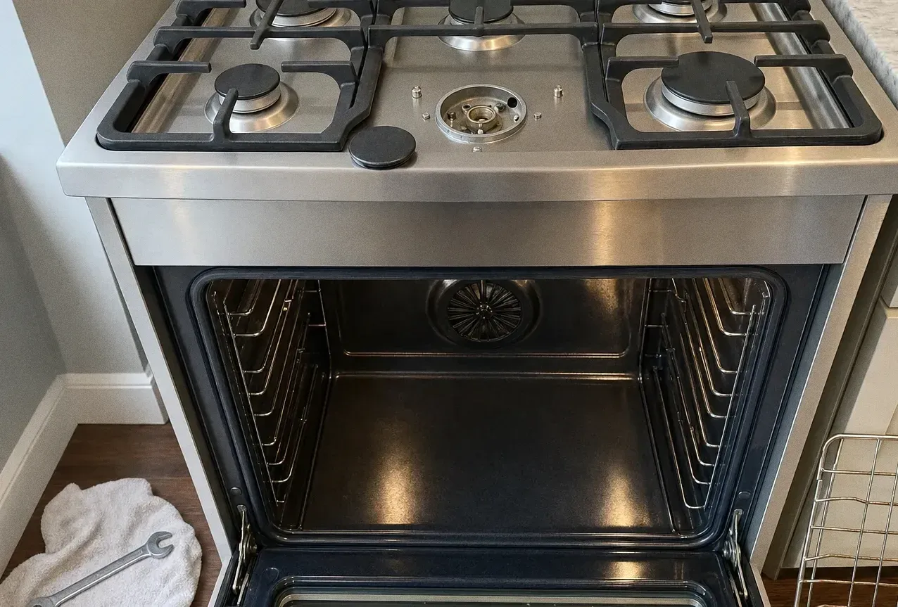 Gas cooktop from above with several burner caps removed, oven open with racks below and a towel and wrench on the floor